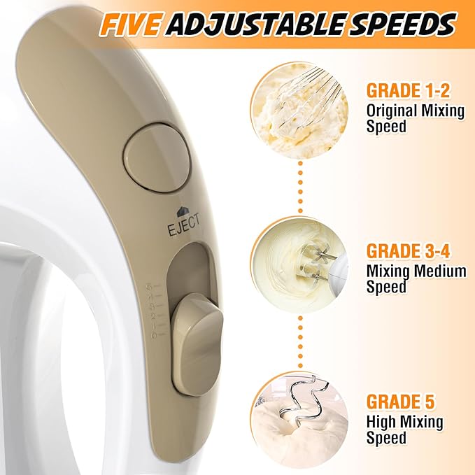 Handmixer - 5 Speed Portable Kitchen Mixer Electric Handheld with 5 Stainless Steel Accessories Whisk, Food Beater, ?ŒIvory