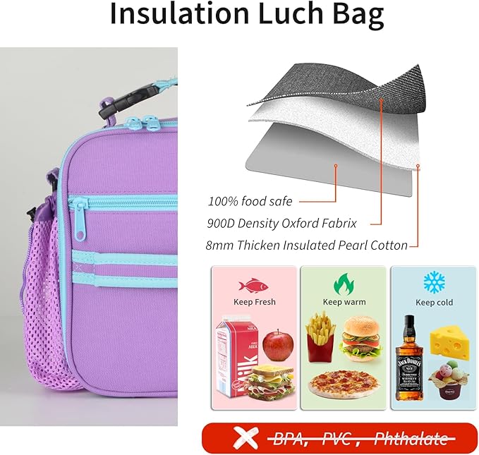 Cerbonny Kids Lunch Box, Purple, Unisex, Polyester, With Insulated Interior, Easy-Wipe Clean, 10.8"L x 4"W x 8.8"H, 4 Carrying Options
