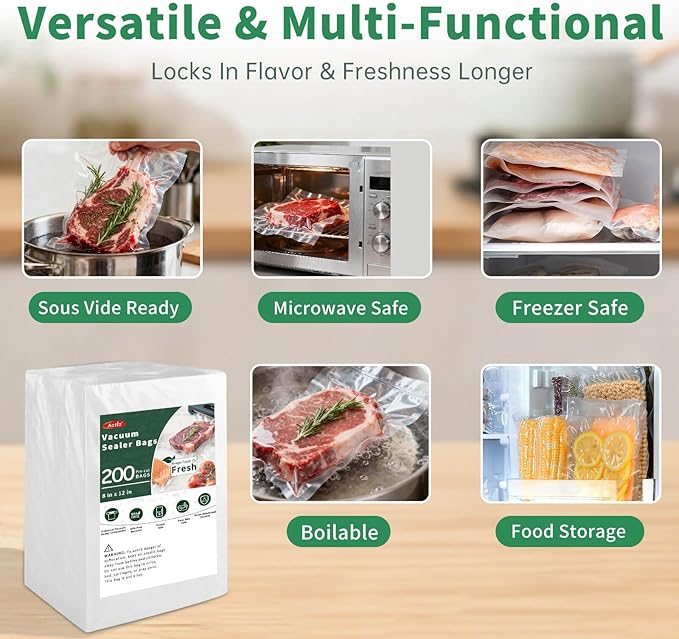Aotto Vacuum Sealer Bags for Food - 200 Count Quart 8" x 12" Commercial Grade BPA Free Heavy Duty Vacuum Seal Bags for Food Storage, Meal Prep and Sous Vide