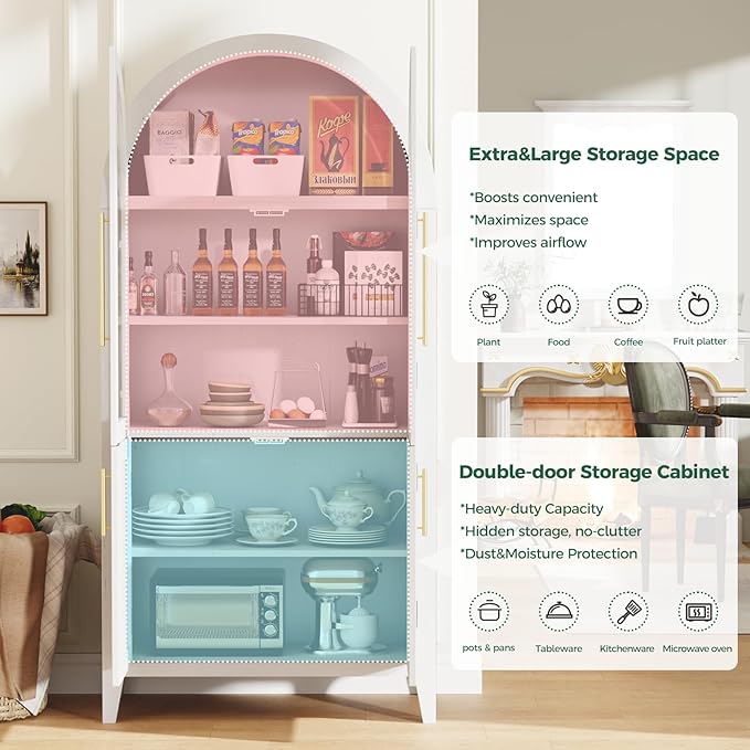63??Arched Kitchen Pantry Cabinet ??5-Tier Modern Farmhouse Storage Cabinet w/Glass & Fluted Doors, Adjustable Shelves for Kitchen, Living Room, Entry, Office, Engineered Wood, White