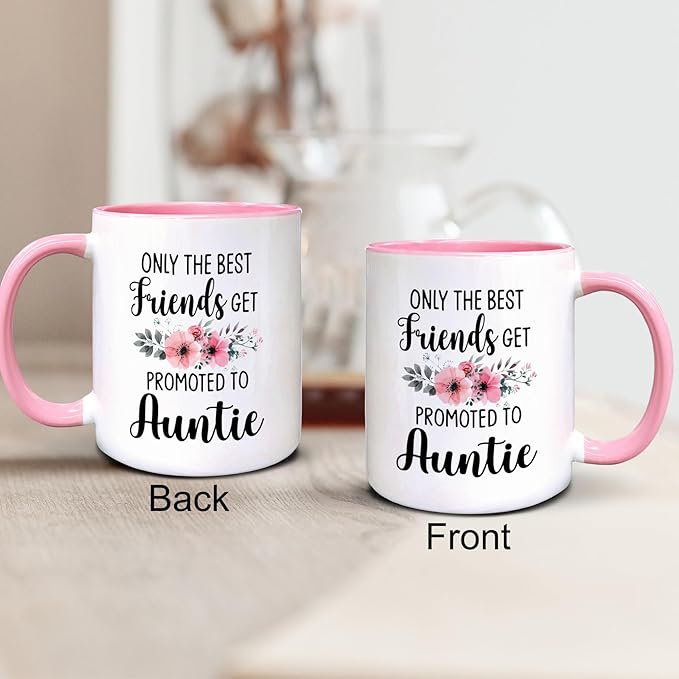 QASHWEY Auntie to Be Gifts Coffee Mug, Funny Pregnancy Announcement Gifts for Best Friend NewAuntie, Get Promoted to Auntie Double Side Printed Ceramic Mug Cup 11 Ounce(Pink)