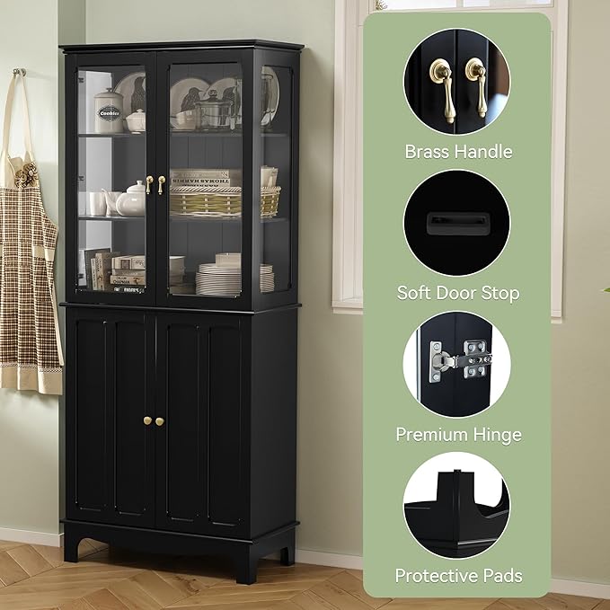 ARTPOWER 72" Freestanding Kitchen Pantry Storage Sideboard, Classical Tall Cabinet with Glass Door and Adjustable Shelves for Kitchen, Livingroom and Dining Room, Black