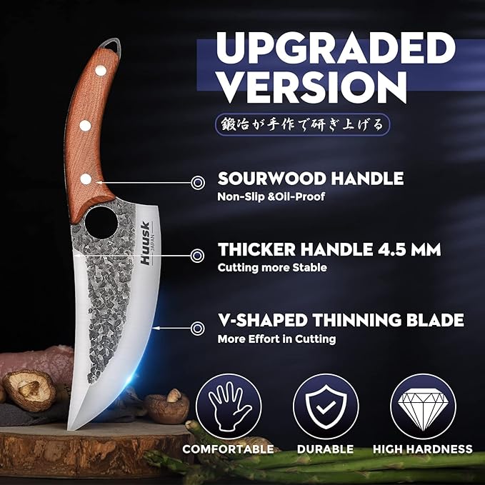 Huusk Chef Knives, Upgraded Viking Knife with Sheath Hand Forged Butcher Knife for Meat Cutting, Sharp Meat Cleaver for Kitchen and Outdoor, Gift for Men and Women