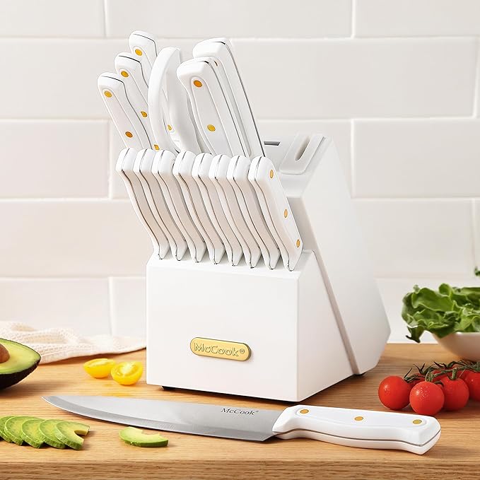 McCook짰 Knife Sets, White High Carbon Stainless Steel Kitchen Knife Sets with with Built-in Sharpener