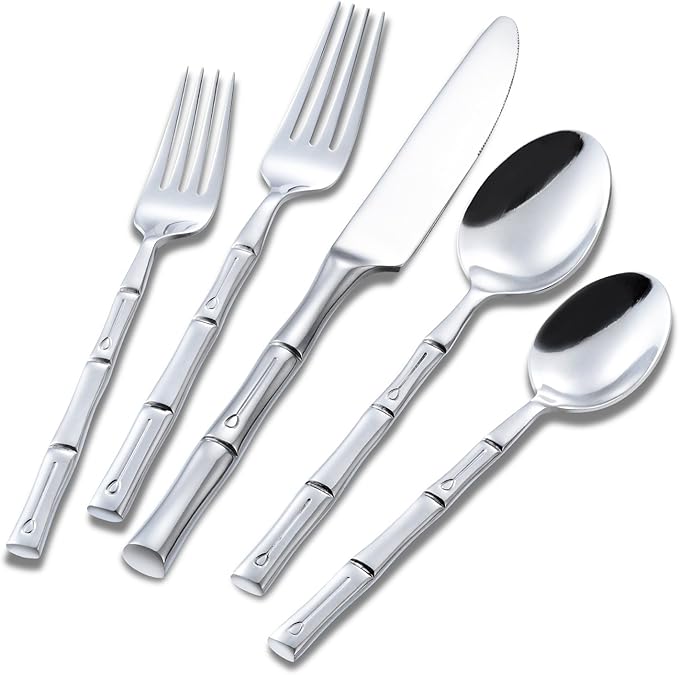 Silverware Set Stainless Steel Flatware Set 40 Pieces Cutlery Set Bamboo Handle Mirror Finished for Home Kitchen Restaurant Hotel Cutlery Set Service for 8