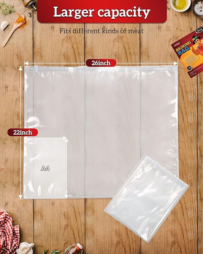 Turkey Brine Bags, 26"횞22", 2 Pack, Holds up 35lbs, Thicker Brining Bags with Double Zip Lock & 2 Cotton Strings, Extra Large Brine Bag Fits for Turkey, Chicken, Beef, Fish, Lamb, Pork