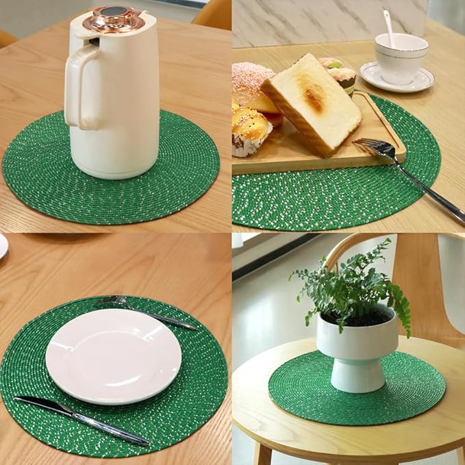Youyi Better Lifes 15 inch Round Braided Placemats Set of 8 Washable Durable Woven Placemats Non-Slip Green Table Mats for Dining Tables Home Decor