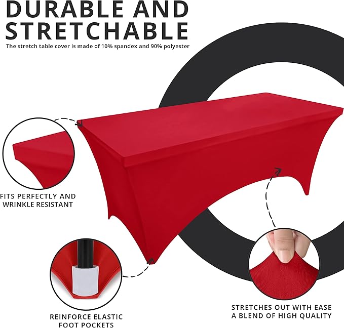Utopia Kitchen 6FT Spandex Tablecloth [1 Pack, Red] 200 GSM Stretch, Fitted, Washable and Wrinkle Resistant Table Cloth Rectangle Cover for Trade Shows, Wedding, Parties [72Lx30Wx30H Inch]