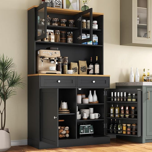 Tall Pantry Cabinet, Modern Kitchen Hutch with Microwave Stand, Kitchen Pantry Storage Cabinet with 2 Darwers & Door Shelf, Food Pantry with Glass Doors & Adjustable Shelves for Dining Room, Black