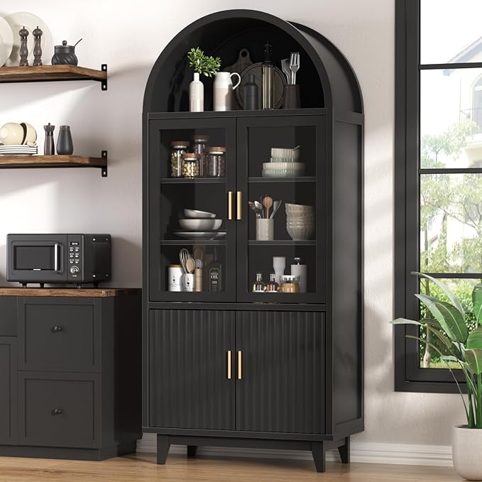 Kitchen Pantry Cabinet with Glass Doors - Arched Design, Solid Wood Legs, Artistic Fluted Door, Adjustable Shelves, 70.8" Curved Storage Cabinet for Kitchen, Dining Room