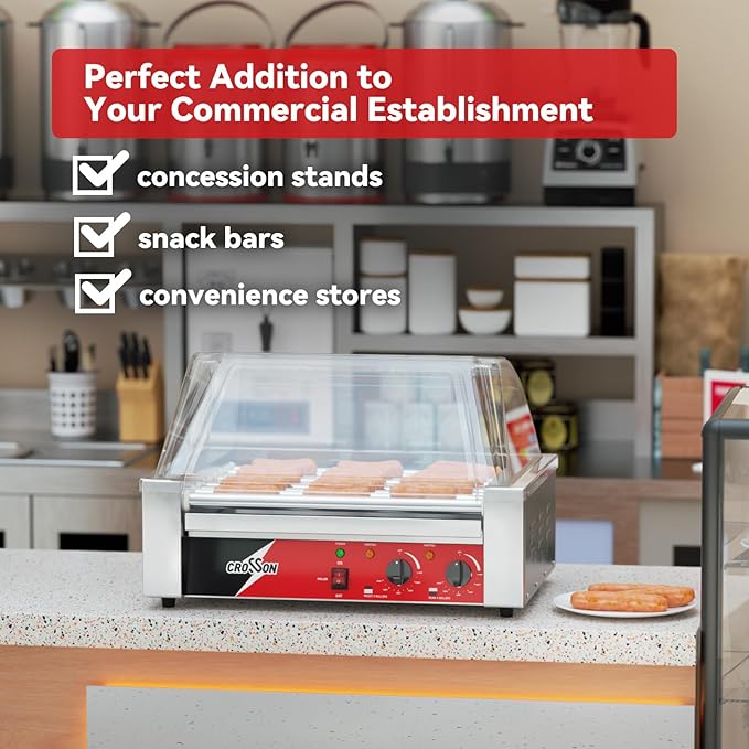 CROSSON Hot Dog 9 Roller Grill Cooker Machine with Transparent Sneeze Guard,9 Nonstick 304SS Rollers and Dual Temp Control,Commercial Hot Dog Cooker Machine-120V, 1350W