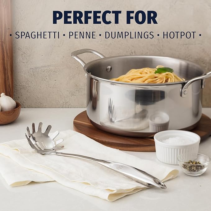 Zulay Kitchen Stainless Steel Spaghetti Server - 12??Pasta Fork with Teeth & Draining Holes - Rust-Resistant Pasta Spoon for Noodles & Pasta - Dishwasher Safe Utensil for Everyday Use