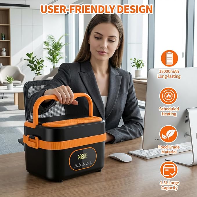 YAAHEIJA Cordless Electric Lunch Box for Adults, 18000mAh & 60W Fast Heating Food Warmer, 1.5L Leak-Proof Container, Adjustable Temp & Keep Warm for Office, Travel, Camping, Truck
