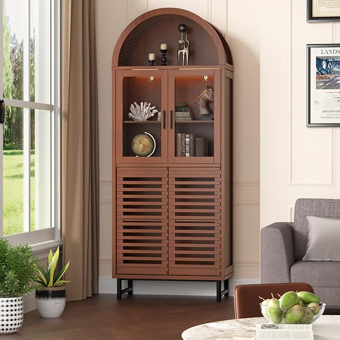 Kitchen Pantry Cabinet with Glass Doors - Arched Design, Metal U Legs, Artistic Slatted Door, Adjustable Shelves, 78.4" Curved Storage Cabinet for Kitchen, Dining Room
