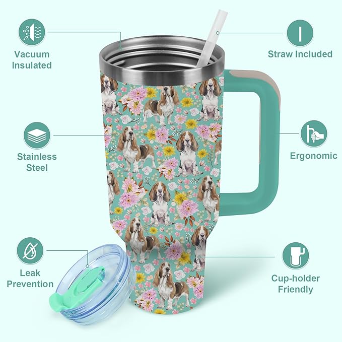 Yogusut Basset Hound Gifts for Women, 40oz Stainless Steel Insulated Tumbler Travel Mug Cup with Handle Straw, Gifts for Dog Mom Dog Lover