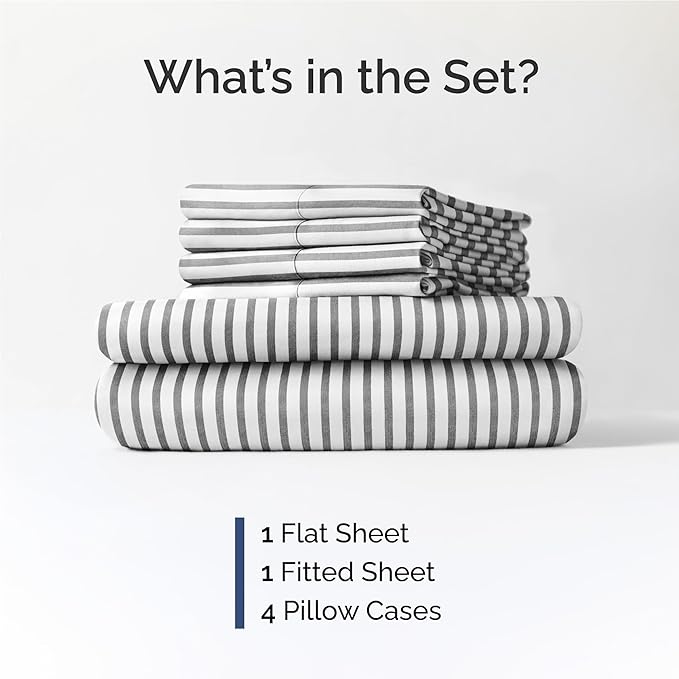 Full 6 Piece Sheet Set - Cooling & Breathable Bed Sheets - Hotel Luxury Bed Sheets for Women, Men, Kids & Teens - Bedding w/Deep Pockets & Easy Fit - Soft & Wrinkle Free - Full Grey Stripes Sheets
