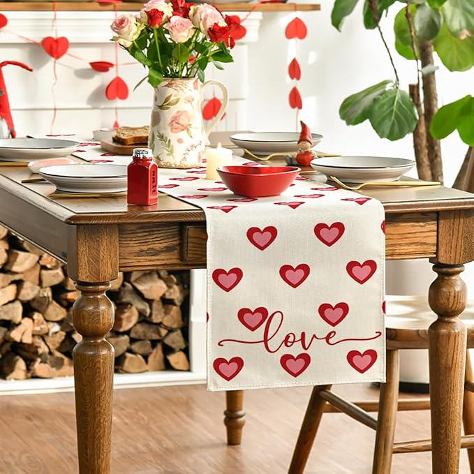 Artoid Mode Love Hearts Table Runner, Wedding Kitchen Dining Table Decoration for Home Party Decor 13x72 Inch