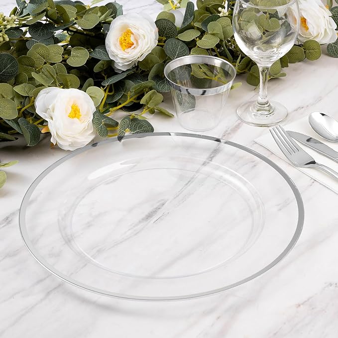 Goodluck 12 Inch Silver Charger Plates, 25 Pack Clear With Silver Trim, Disposable Plastic for Dinner, Wedding, Party