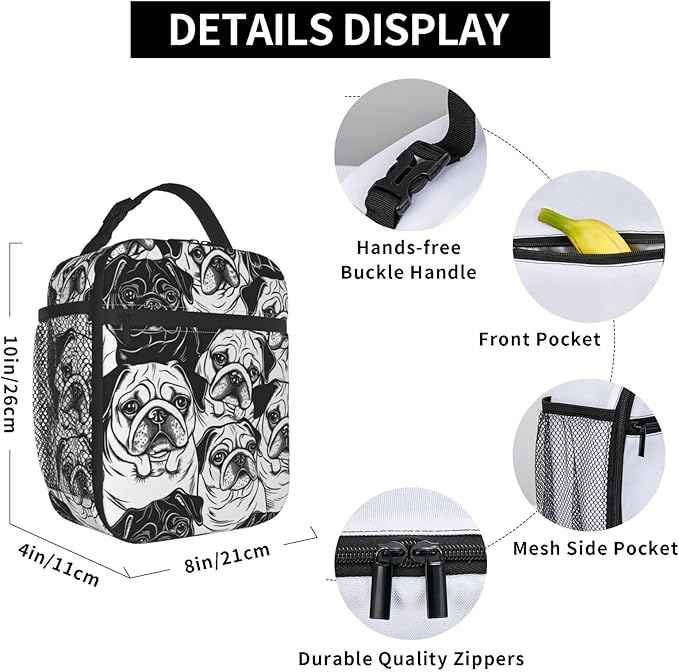 VANZEV Cute Pug Lunch Box for Adults Women Girls Boys Kids Animal Dog Lunch Box Insulated Cooler Reusable Lunch Bag Container Gifts for Work Office Picnic Travel School