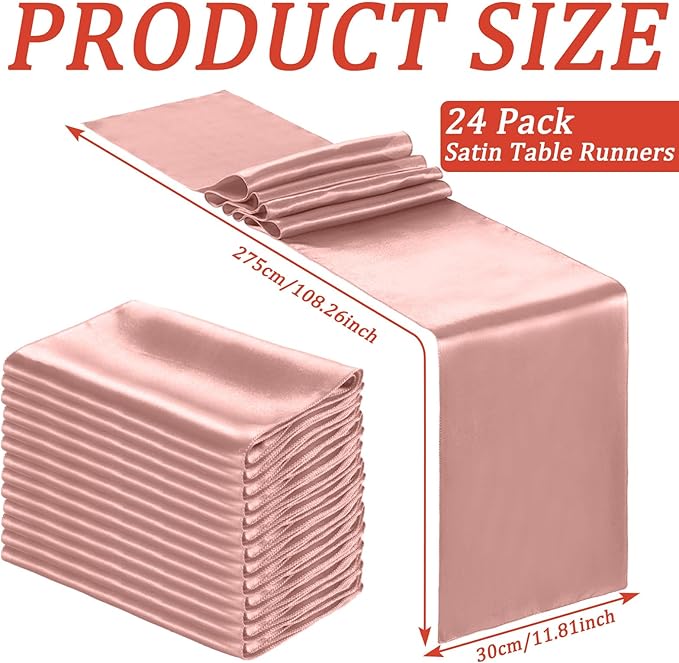 Bencailor 24 Pcs Light Pink Satin Table Runner Bulk 12 x 108 Inches Long Table Runners Bright Smooth Fabric Tablecloth for Wedding Banquet Birthday Valentines St Patrick's Day Party Decorations