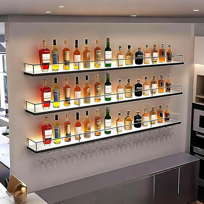 Metal Wall Mounted Wine Rack with LED Light, 3 Tiers Liquor Bottles Floating Shelves with Glass Holder, Wine Shelf Industrial Bar Shelves for Home Bar Dining (Black, 120cm/47.2in)