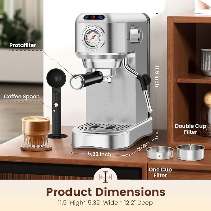 Espresso Machine 20 Bar, Compact Espresso Maker, Stainless Steel Professional Expresso Coffee Machines with Steam Milk Frother & 34oz Removable Water Tank for Home & Office, Latte, Cappuccino, Silver