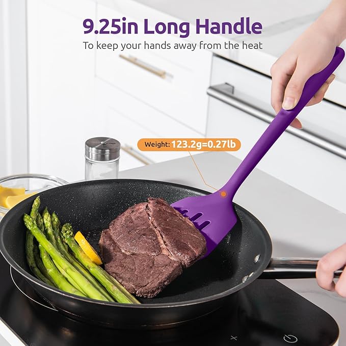 600쨘F Heat Resistant Slotted Turner: U-Taste 13.6in Silicone Kitchen Spatula Flipper, 3.74in Wide Food Grade Flexible Thin Rubber Cooking Utensil for Egg, Pancake, Cookie in Nonstick Cookware (Purple)