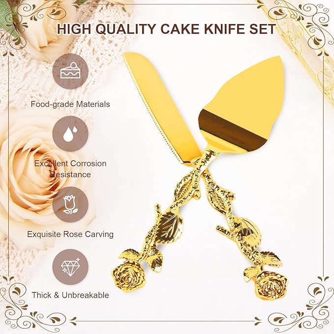 2 PCS Gold Cake Cutting Set, Wedding Cake Knife and Server Set, Vintage Engraved Cake Cutter and Serving Spatula for Wedding, Birthday, Anniversary, Party