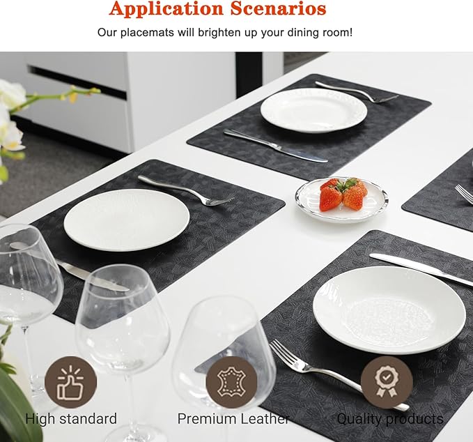 Bxzandya Vinyl Placemats Set of 8 Heat Resistant Easy Clean Non-Slip Place Mats for Dining Table Faux Leather Waterproof Stain Resistant Wipeable Washable PVC Table Mats(8, Black)