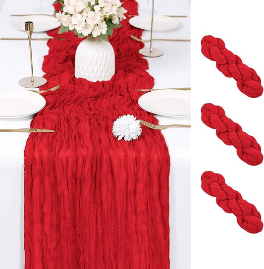 RealBox 3 Pack Red Cheesecloth Table Runner 17x108 Inch Semi Sheer Boho Gauze Cheese Cloth Fabric Table Runners Table Decor for Wedding Party Baby Shower Birthday Home Decor Garden Farmhouse