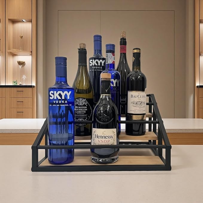 AT-VALY 3-Tier Liquor Bottle Display Shelf, Iron&Bamboo Countertop Wine Rack, Liquor Cabinet for Home Decor, Mini Bar (Black)