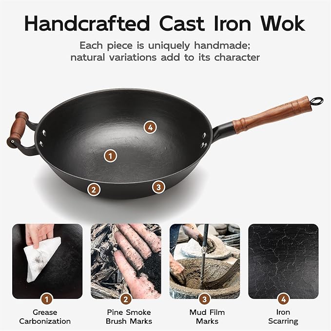 WANGYUANJI 12.6 Inch Iron Wok with Wooden Lid and Spatula, Flat Bottom Chinese Stir Fry Pan, Chemical-Free Uncoated Iron Wok for Induction, Gas and Electric Stoves