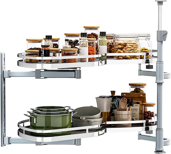 DWVO Corner Cabinet Organizer, 2-Tier Blind Corner Pull Out with 270째 Rotating Shelf, Left Swing Tray, Heavy-Duty Iron, Easy-Install Template, 32.7"x17.3"x21.3", Gray