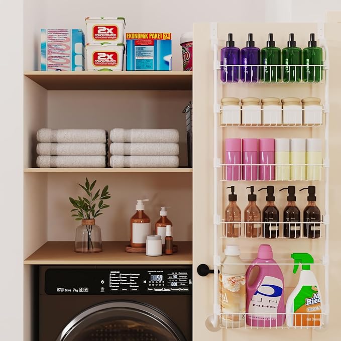 White Over the Door Pantry Organizer 8 Tier, Adjustable Basket Pantry Door Organizer and Storage, Heavy Duty Metal Kitchen Hanging Spice Rack (D5xW19xH50 Inches)