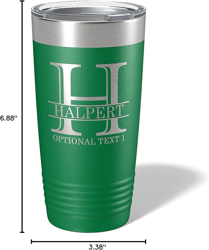 Personalized 20oz (17 Colors) Powder Coated Insulated Stainless Steel Tumbler with Lid, Custom Etched, Customized Engraved Gift Idea for Women Men Her Him, Halpert Monogram Initial Name (Green)