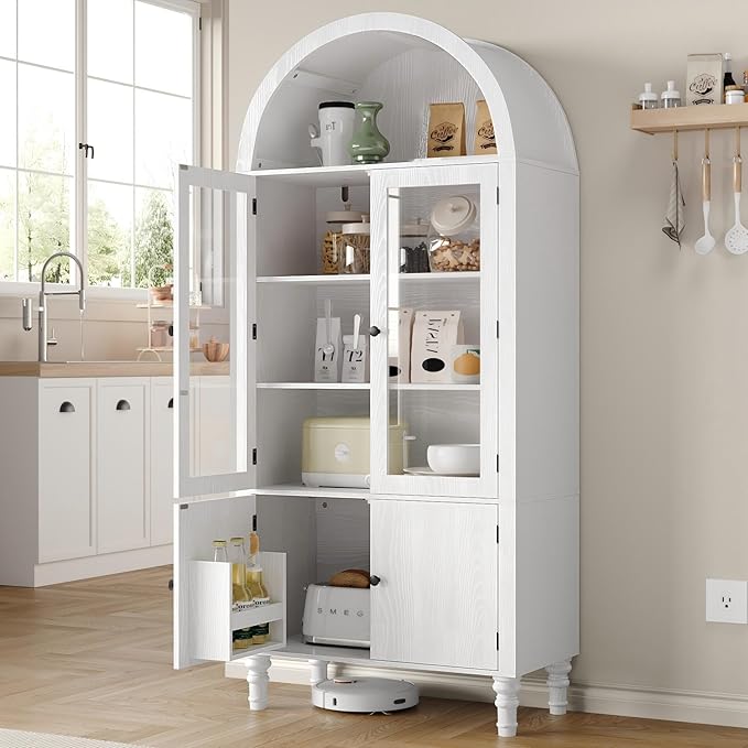 71" Tall Arched Pantry Cabinet, Modern Kitchen Storage Cabinet with Doors, 3 Adjustable Shelves, Door Shelves, Organizer, Versatile Cupboard for Kitchen, Bathroom, White