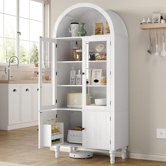 71" Tall Arched Pantry Cabinet, Modern Kitchen Storage Cabinet with Doors, 3 Adjustable Shelves, Door Shelves, Organizer, Versatile Cupboard for Kitchen, Bathroom, White