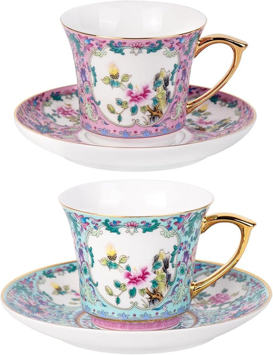 KAMMAK Tea Cups and Saucers Set of 2, Porcelain Coffee Cups with Saucer for Espresso, Cappuccino, 8oz Vintage Pink and Blue Ceramic Novelty Mug for Home, Tea Party, Office