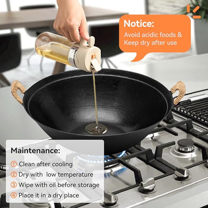 WANGYUANJI 14.2 Inch Cast Iron Wok with Wooden Lid and Iron Spatula, Flat Bottom Double-Handle Chinese Stir Fry Pan, Uncoated Cast Iron Wok for Induction, Gas and Electric Stoves