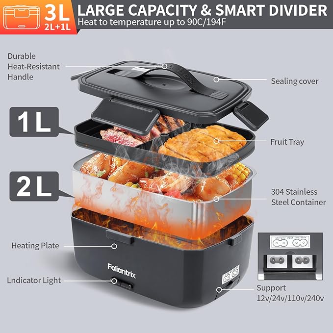 Foliantrix Heated Lunch Box 90W Electric Lunch Box for Adults with 2L Stainless Steel Container Portable Food Warmer for Men/Car/Truck/Work/Travel Loncheras Para Hombres De Trabajo 12/24/110v