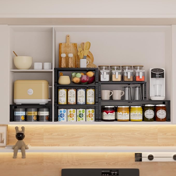 Expandable Spice Rack,Stackable Storage for Cabinet, Multi-Functional Kitchen Shelving,Height-Adjustable,Sustainable Organizer Solution(2Packs/Black/Medium)