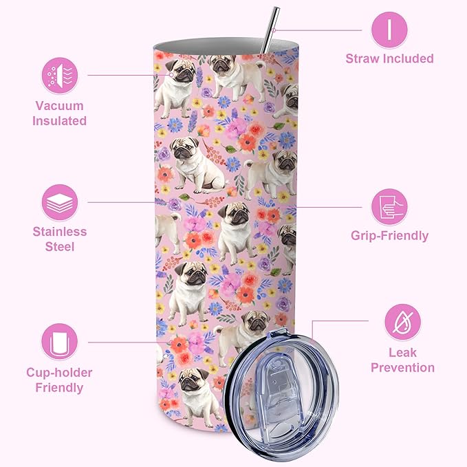 Yogusut Pug Gifts for Women, 20oz Stainless Steel Insulated Tumbler Travel Mug Cup with Lid Straw Brush, Gifts for Dog Mom Dog Lover