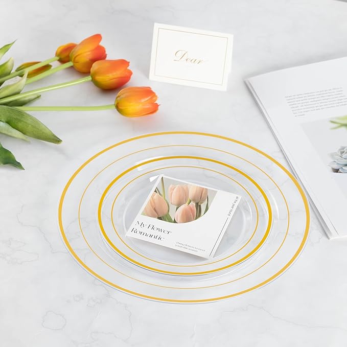 Lullaby 102PCS Clear Plastic Plate with Gold Rim, Includes 51pcs Dinner Plates 10??and 51pcs Dessert Plates 7?? Disposable Elegant Plate for Thanksgiving, Party and Wedding