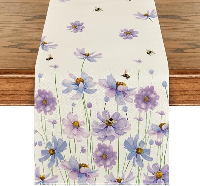 ZCHOMI Spring Purple Floral Table Runner 13x72 Inch Watercolor Flowers Seasonal Kitchen Dinning Table Decoration for Indoor Outdoor Home Party D챕cor