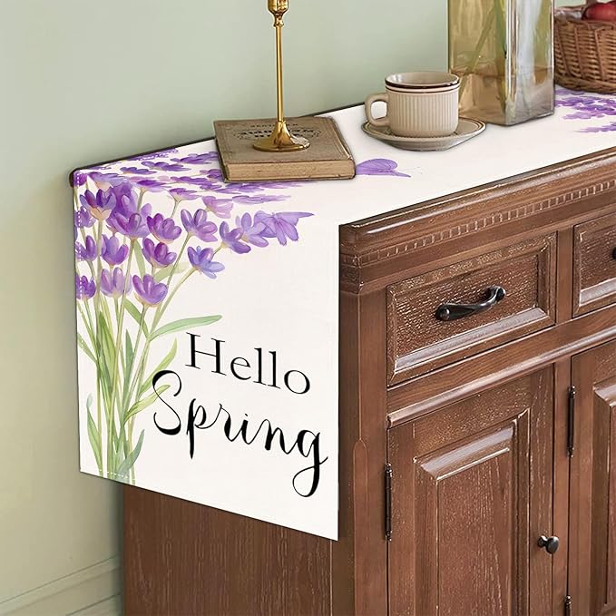 ZCHOMI Spring Purple Lavender Table Runner 13x72 Inch Hello Spring Butterfly Kitchen Dinning Table Decoration for Indoor Outdoor Home Party D챕cor