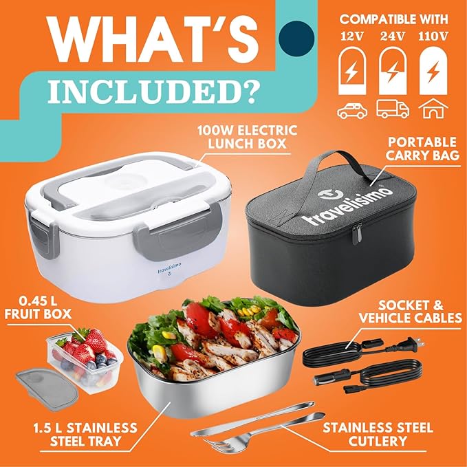 TRAVELISIMO Electric Lunch Box for Adults 100W Heated Lunch Box For Men 1.5L Stainless Steel Portable Food Warmer, 12/24/110V Electric Food Warmers for Travel & Work Loncheras Para Hombres de Trabajo