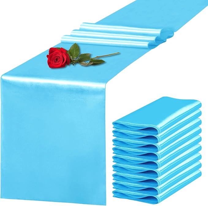 Yblut 10 Pack Satin Table Runner 12 x 108 Inch Long Blue Silk Table Runner for Wedding Party Banquet Birthday Decoration