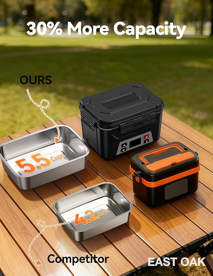 EAST OAK Cordless Electric Lunch Box for Adults,5.5 Cups Rechargeable Self Heating Lunch Box-Automatic Heating,Food Warmer with Memory Function & Automatic Keep Warm,Perfect for Work and Trip(Black)