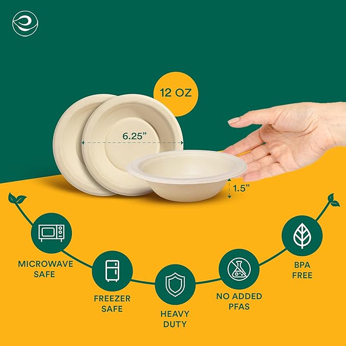 ECO SOUL 100% Compostable 12 Oz Soup Bowls [4 Packs of 125] Disposable dessert bowls I Heavy duty paper bowl I Eco-friendly salad bowl I Biodegradable large Bowls