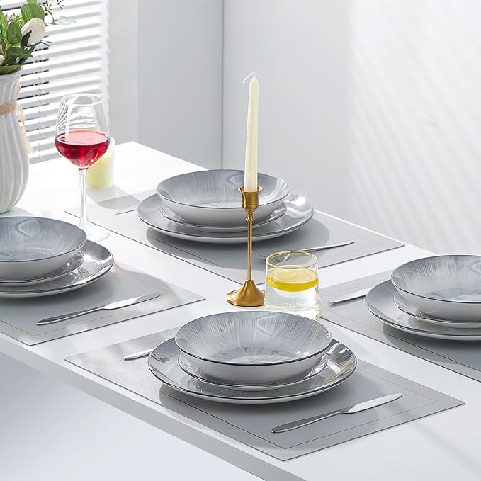 Bestone Porcelain Dinnerware Sets Service for 4, 12 pcs Hand drawn Plates and Bowls Sets, Handmade Ceramic Dish Set, Chip Resistant Modern Plate Set, Dishwasher/Microwave Safe竊똆ray